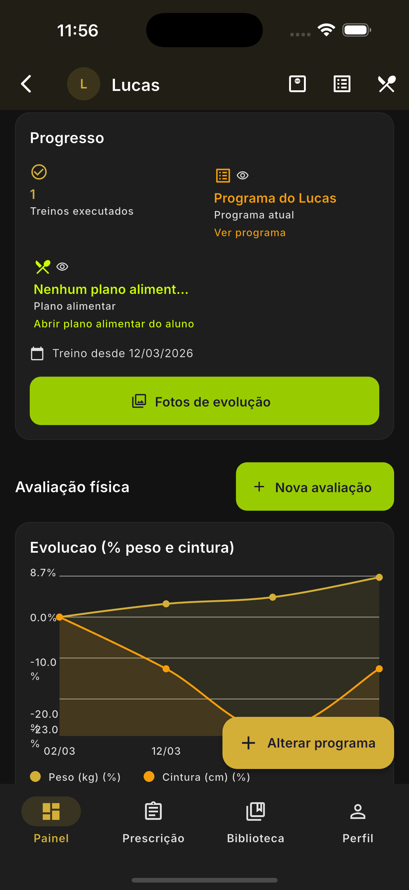 Vibe Fit App — Detalhes do aluno com progresso e evolução